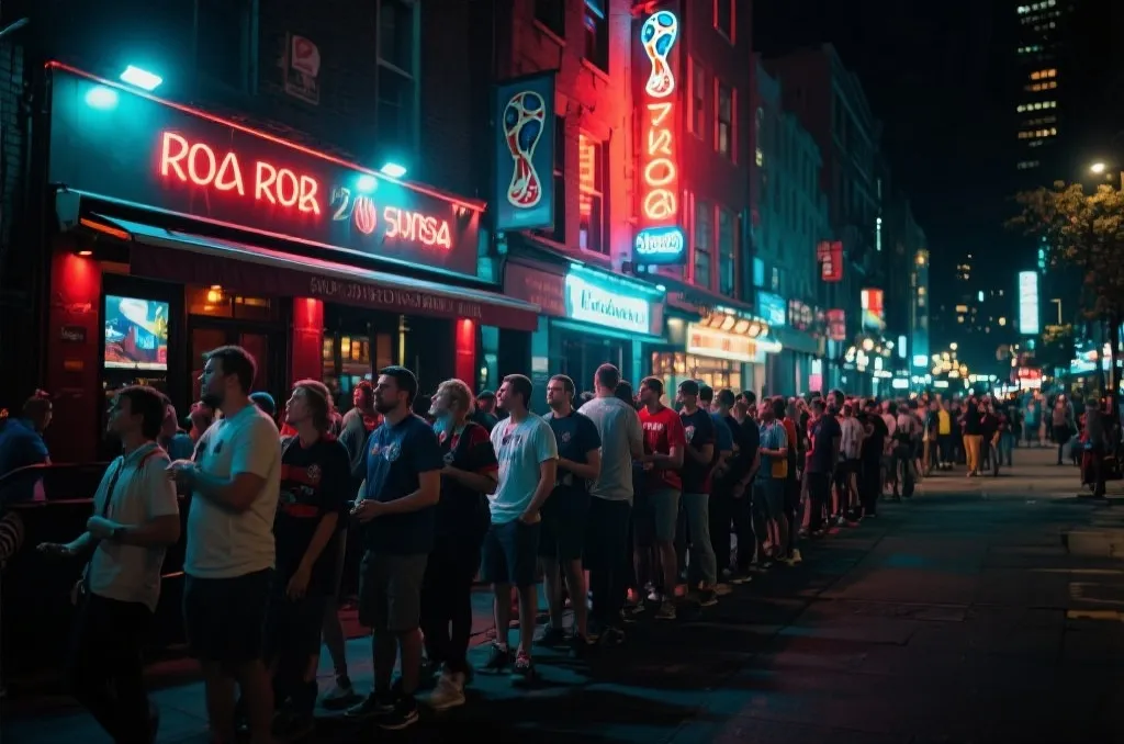 球迷在街区酒吧外排队准备观看世界杯焦点对决